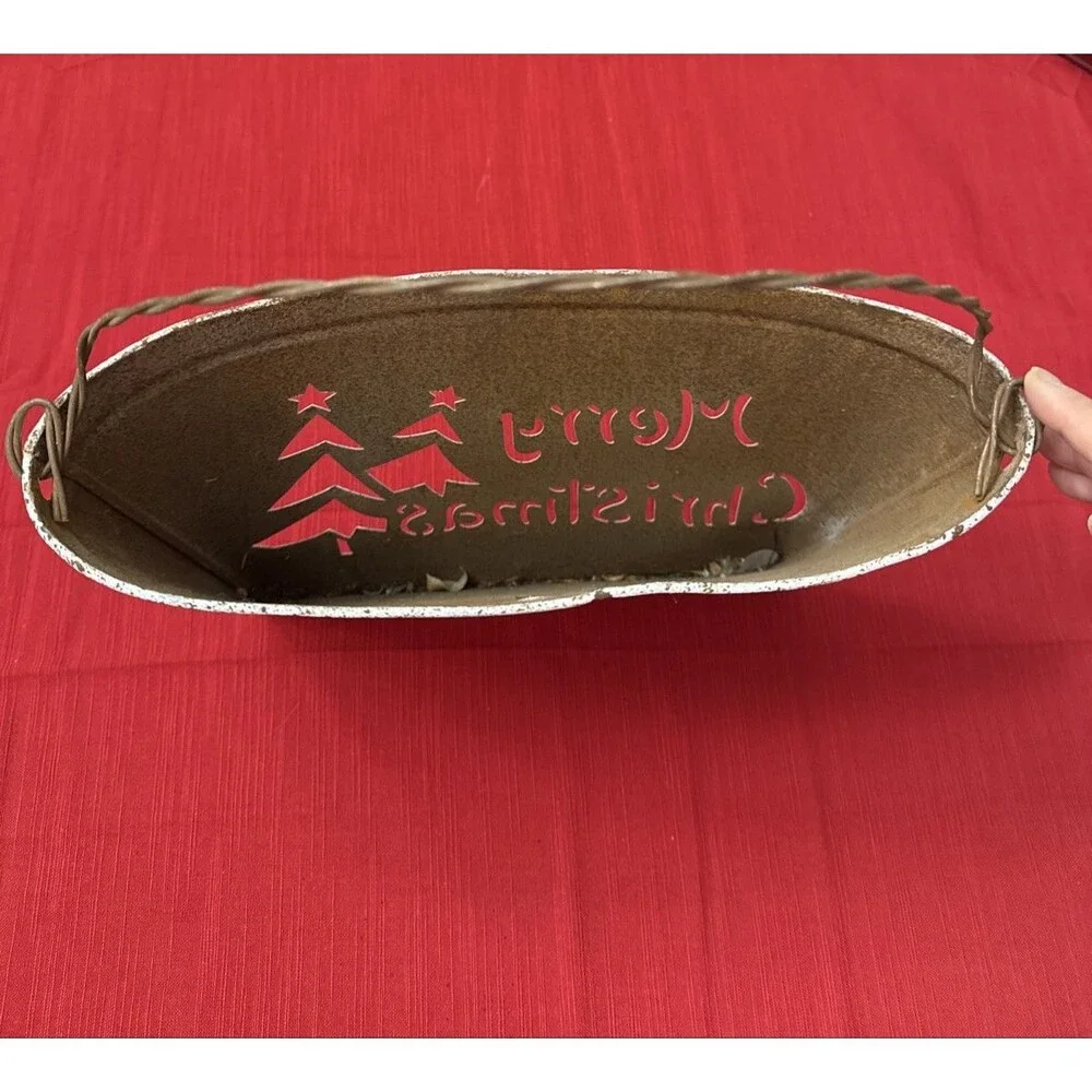 Metal White Wall Pocket Rustic Farmhouse Distressed Merry Christmas Trees cutout